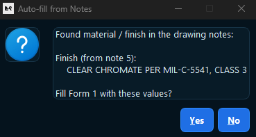 Auto-fill from Notes dialog surfacing material and finish data