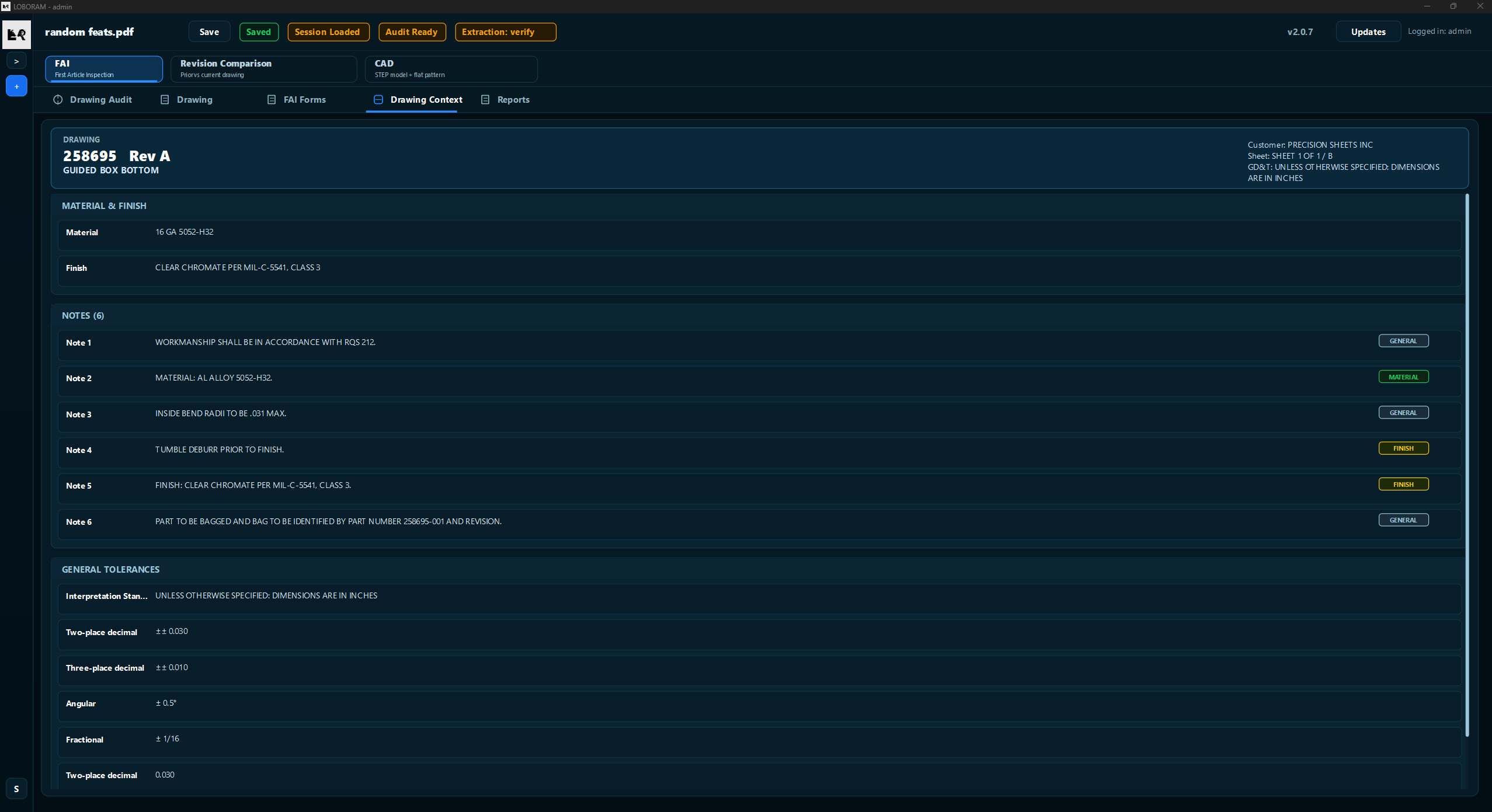 Drawing Context tab showing extracted material and notes