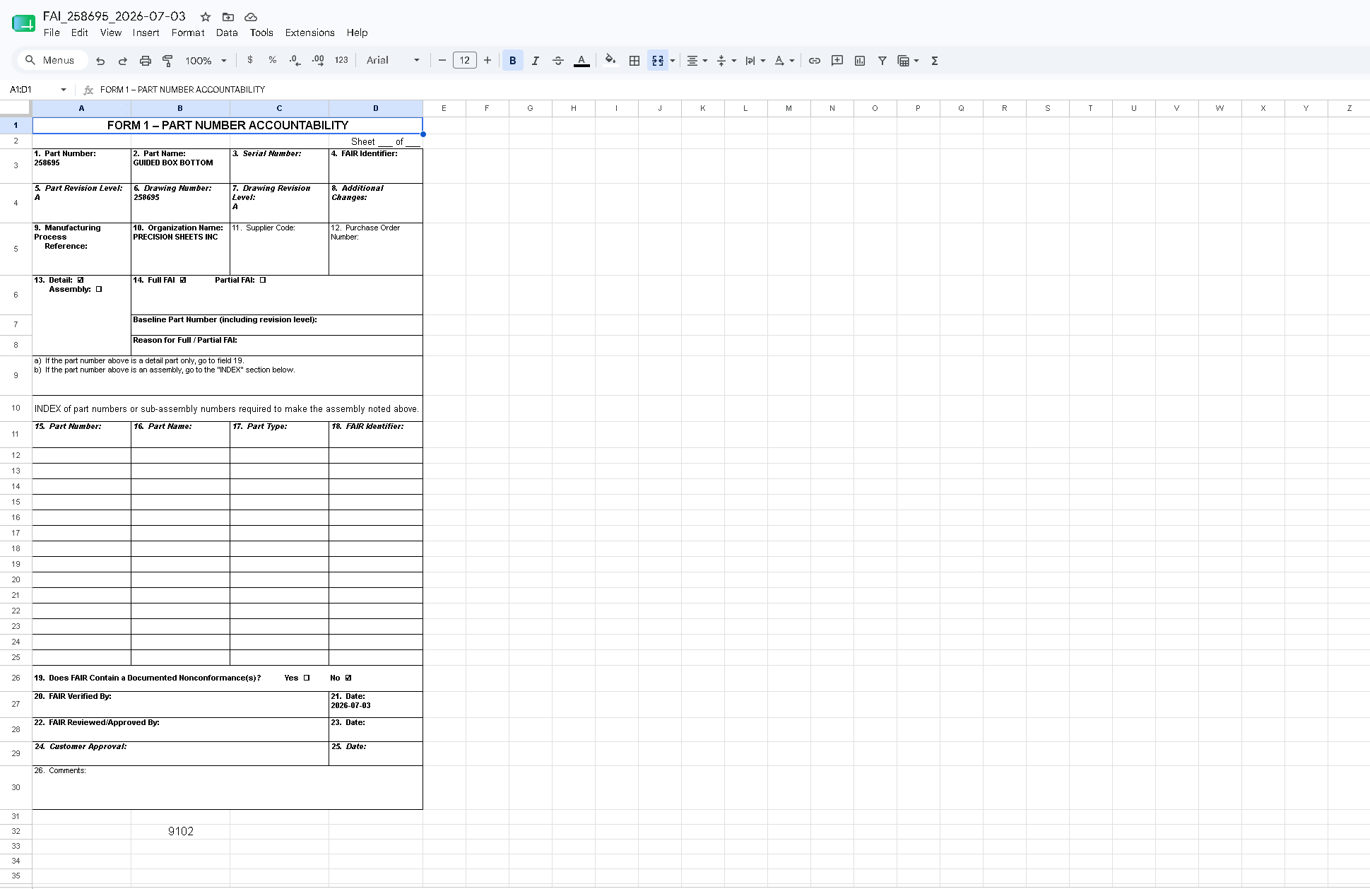 Exported AS9102 Form 1 in Excel