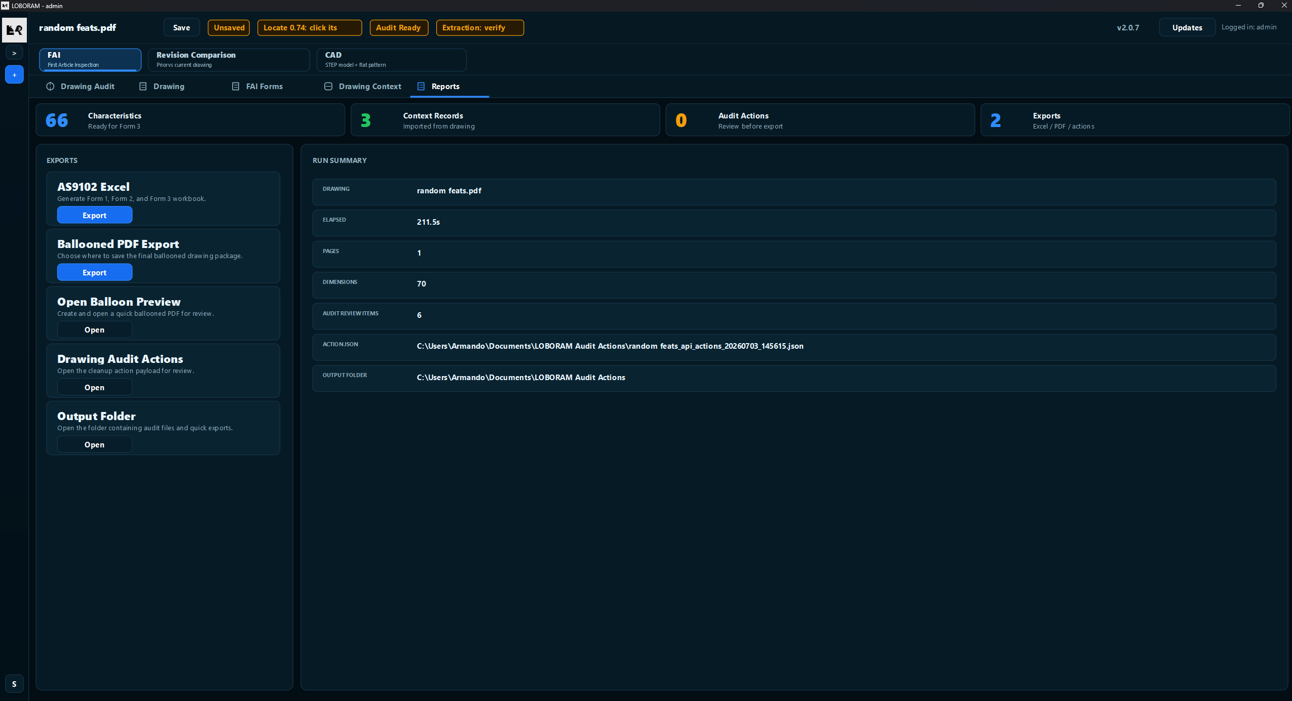 Reports tab with export buttons and run summary